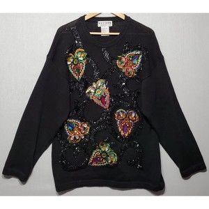 Vintage 90s Sweater Faux Gemstone Beaded Sequin Pullover Crewneck Sweater - L